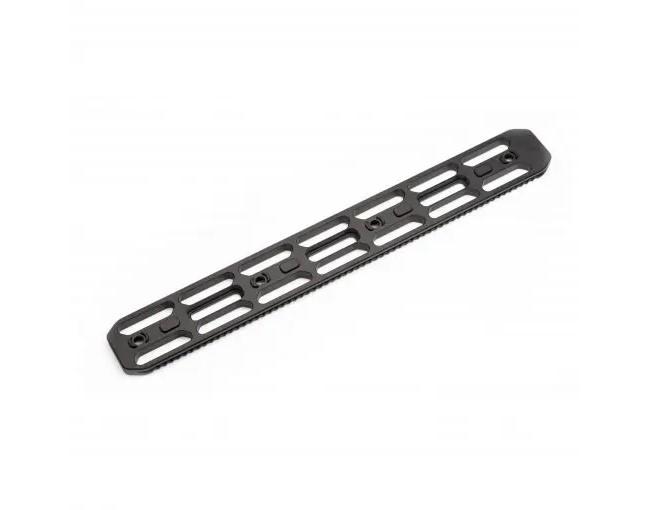 Black metal mounting rail with multiple slots