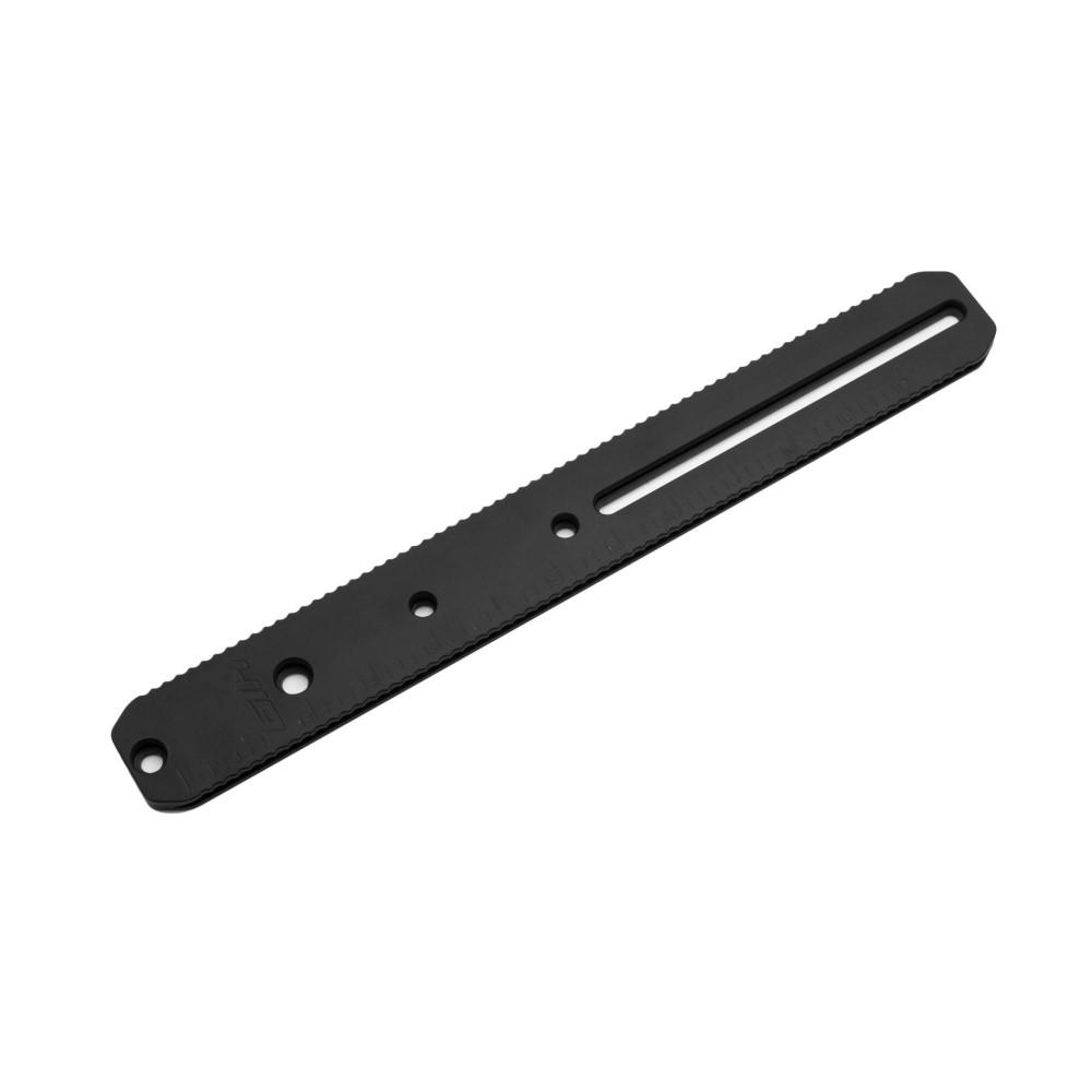 Black metal mounting bracket with multiple holes