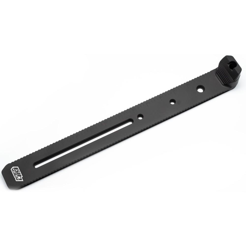 Black metal mounting bracket with slots and holes