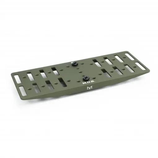 Green metal slotted mounting plate with screws
