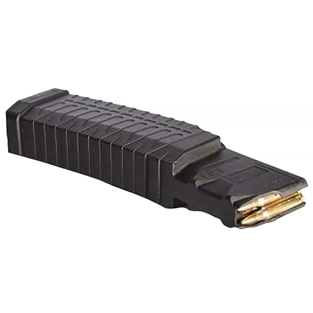 Black firearm magazine with cartridges