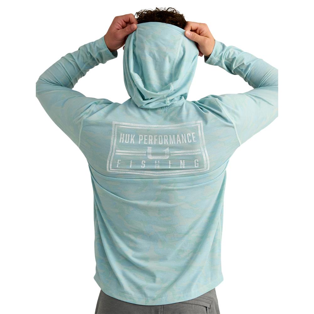 Man wearing light blue fishing hoodie
