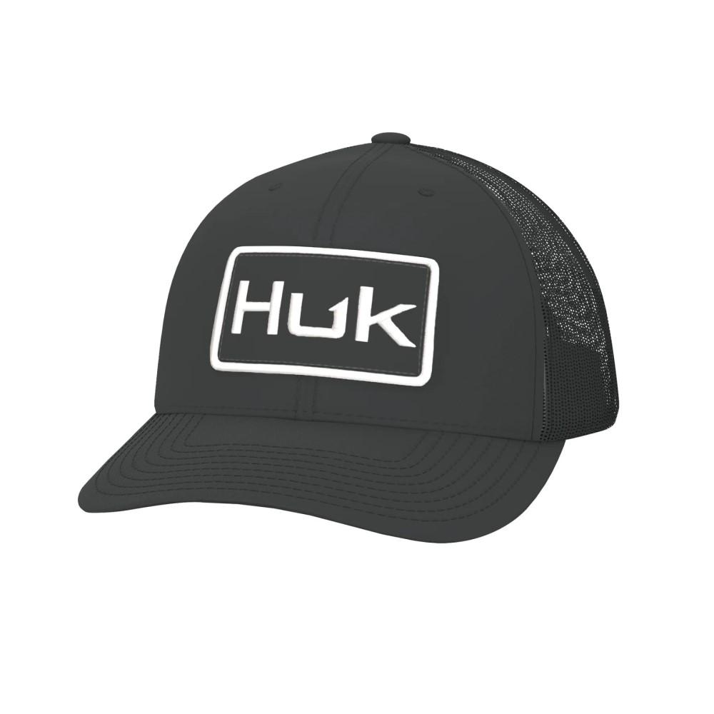 Black Huk logo trucker hat with mesh back