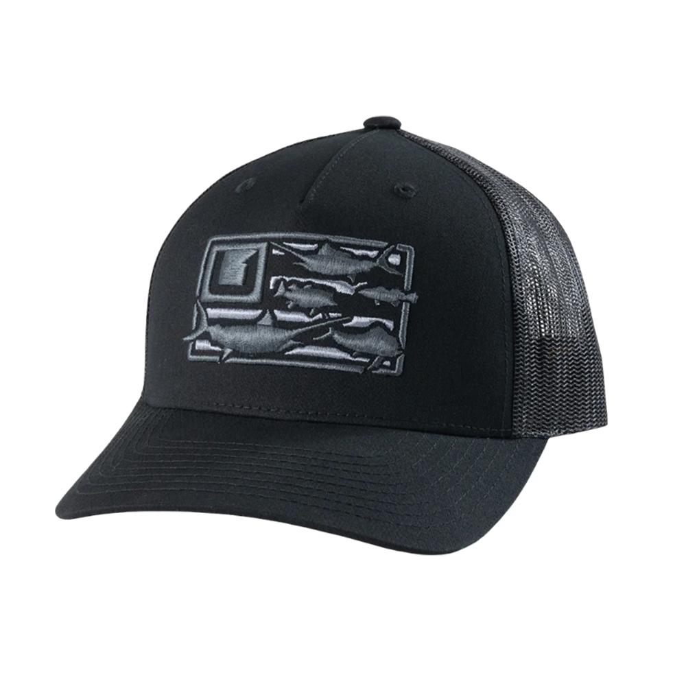 Black trucker hat with embroidered fish design