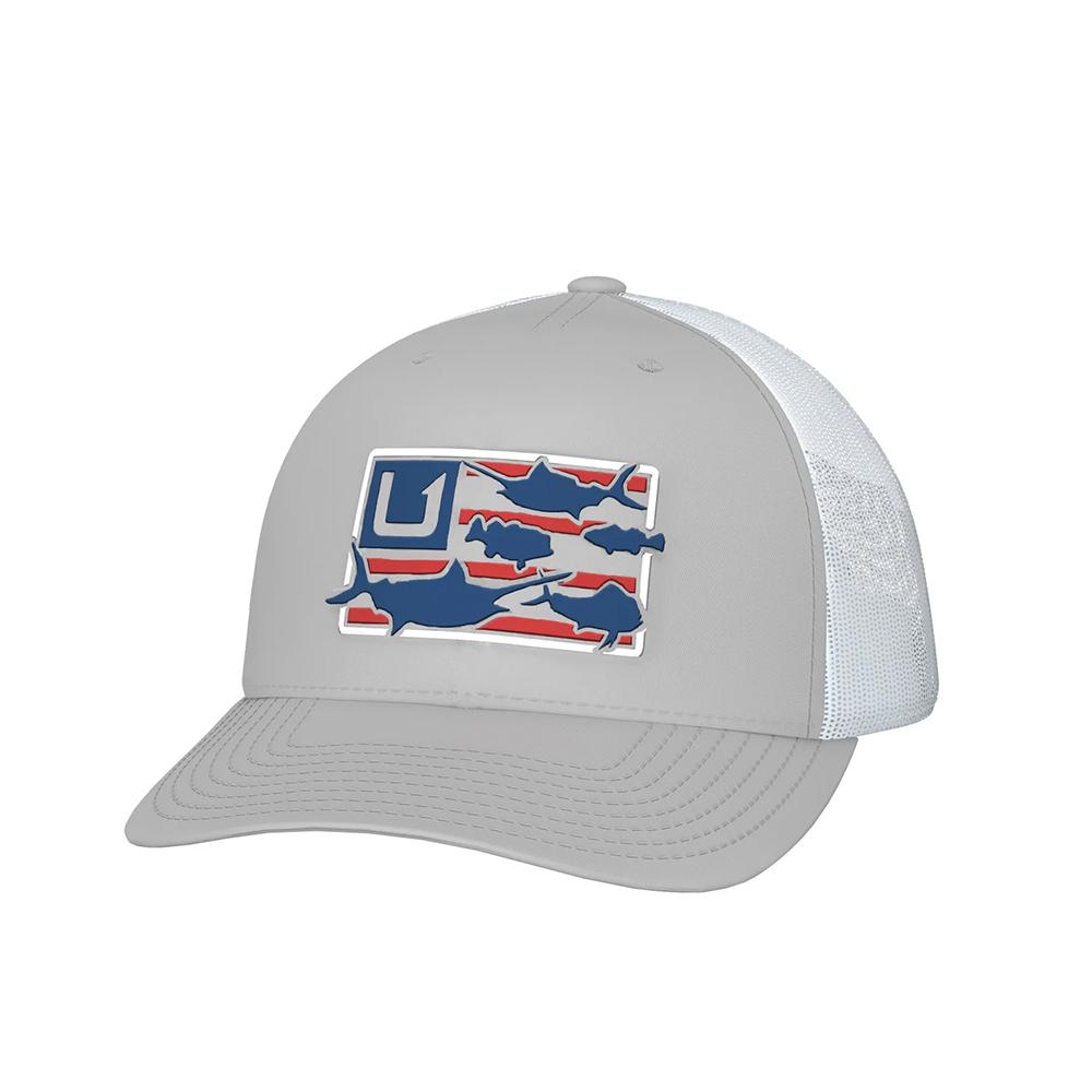 Gray trucker hat with fish flag patch