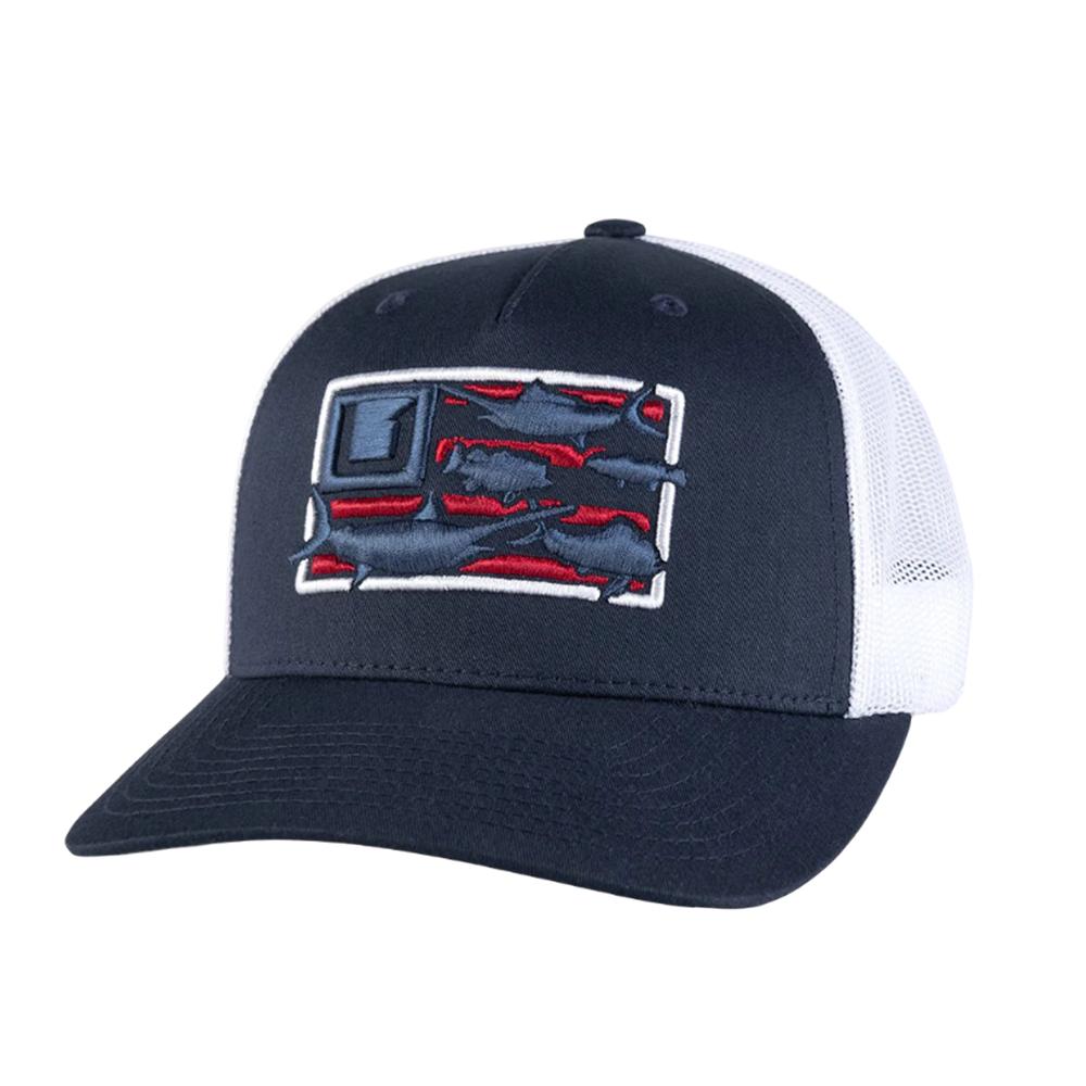 Navy and white trucker hat with fish patch