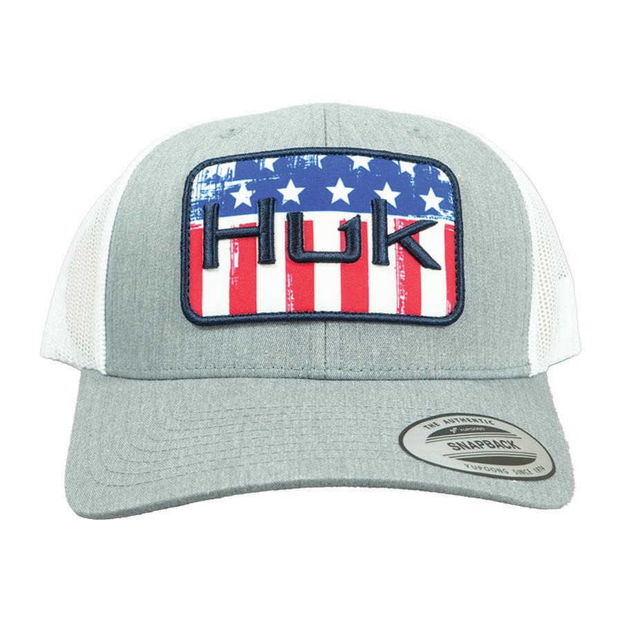 Gray HUK snapback hat with American flag patch