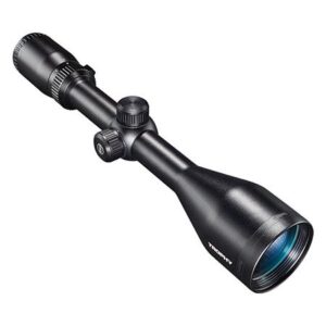 Black rifle scope showcasing magnification features.