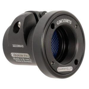 Black camera lens mount with blue interior.