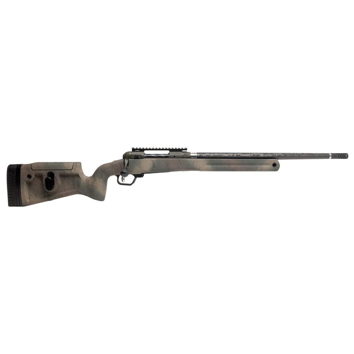 Bolt-action rifle with camouflage stock and long barrel