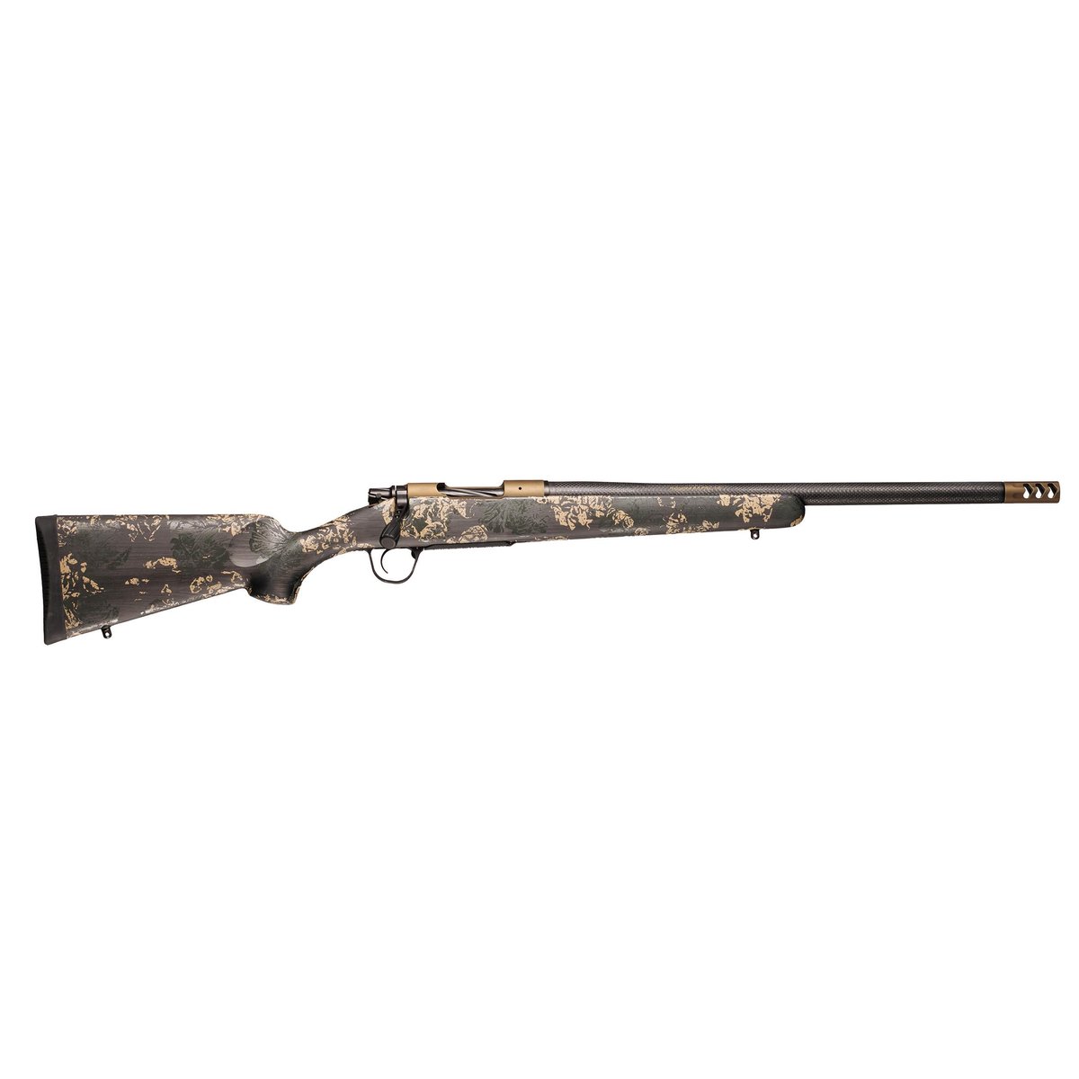 A hunting rifle with a camouflaged design