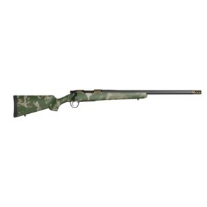 Camouflage rifle with a long barrel.