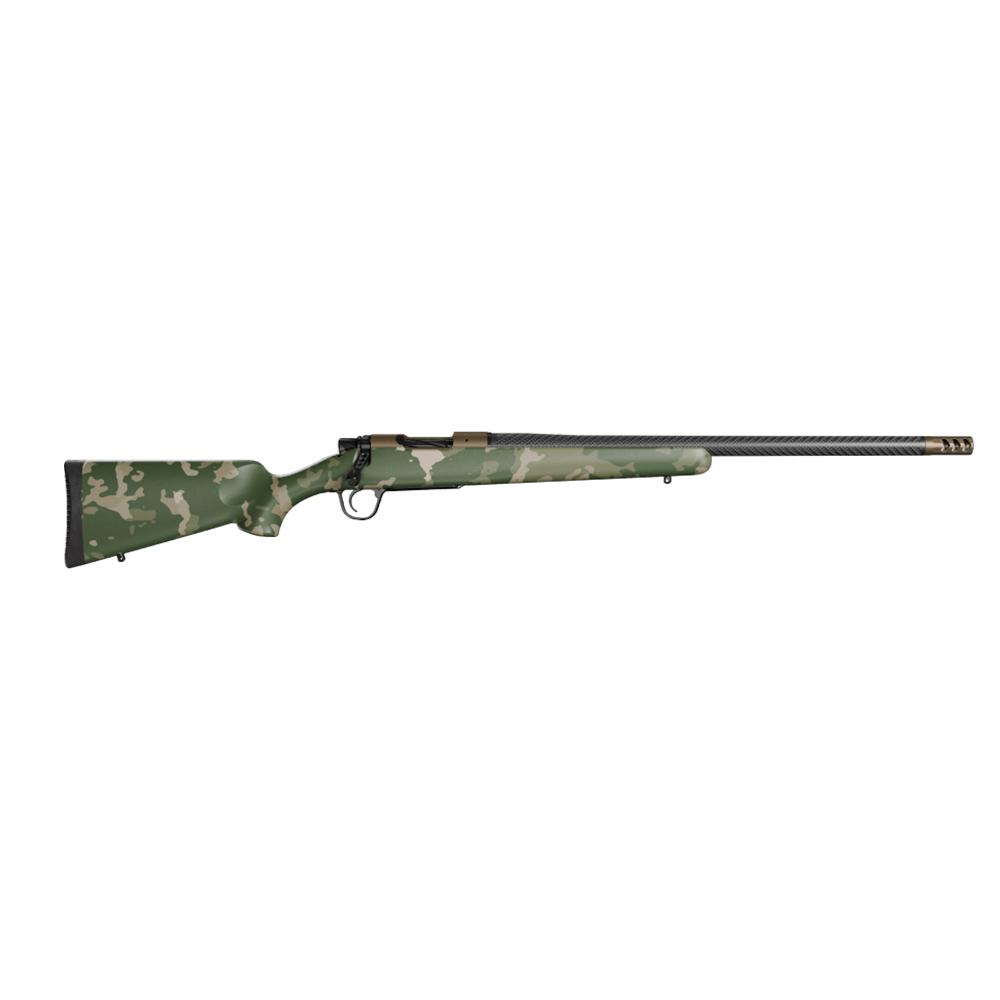 Camouflage rifle with a long barrel.