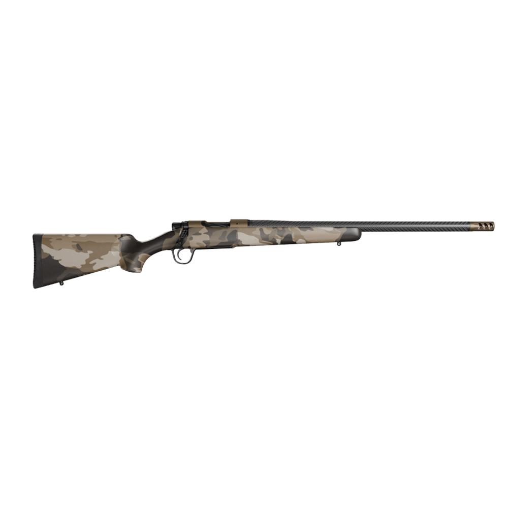 Camouflage bolt-action rifle with long barrel