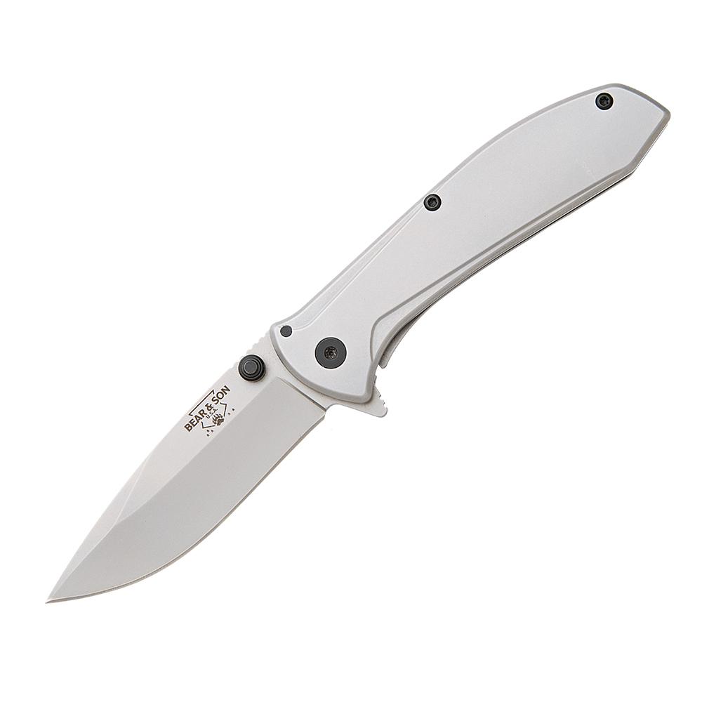 Silver folding pocket knife on white background