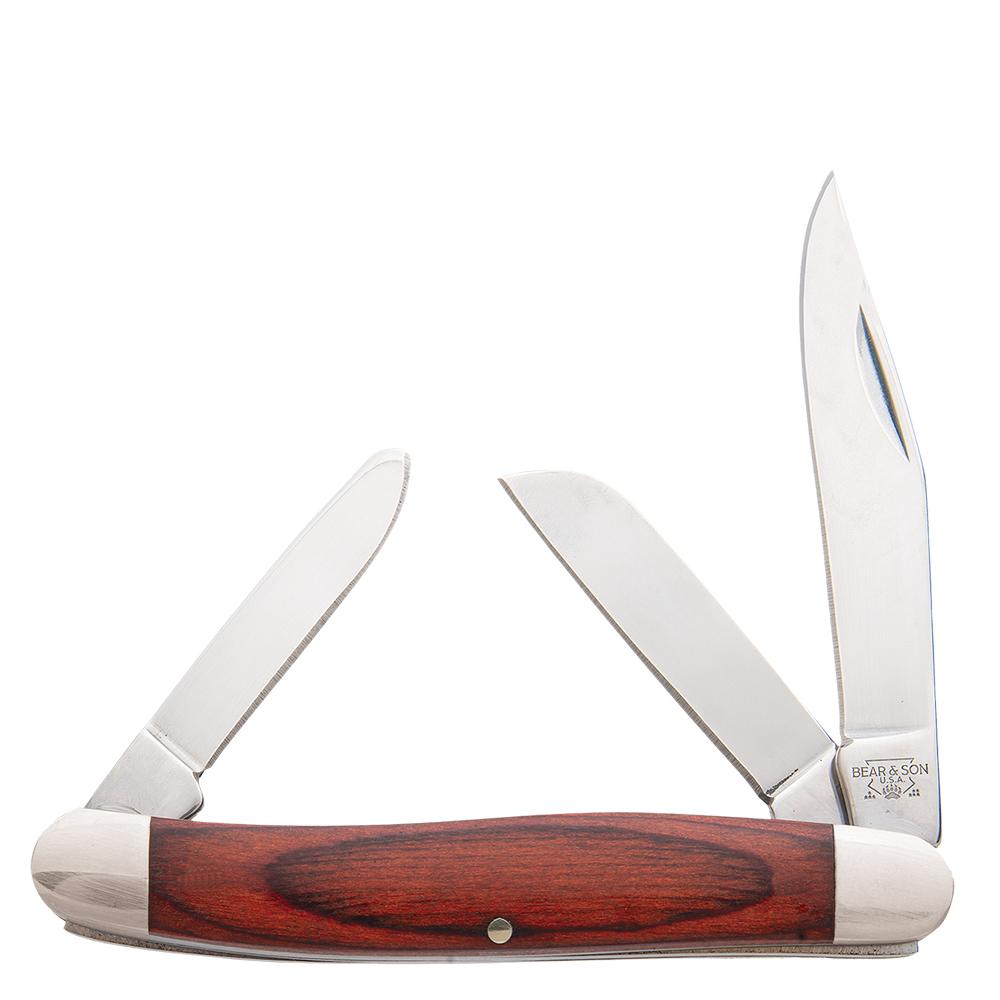 Three-blade folding pocket knife with wooden handle