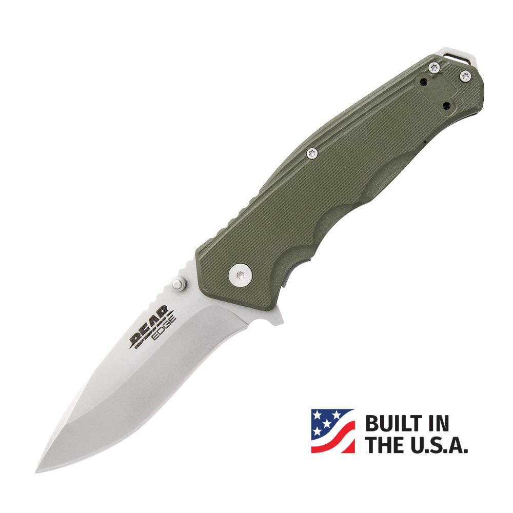 Green-handled Bear Edge folding pocket knife