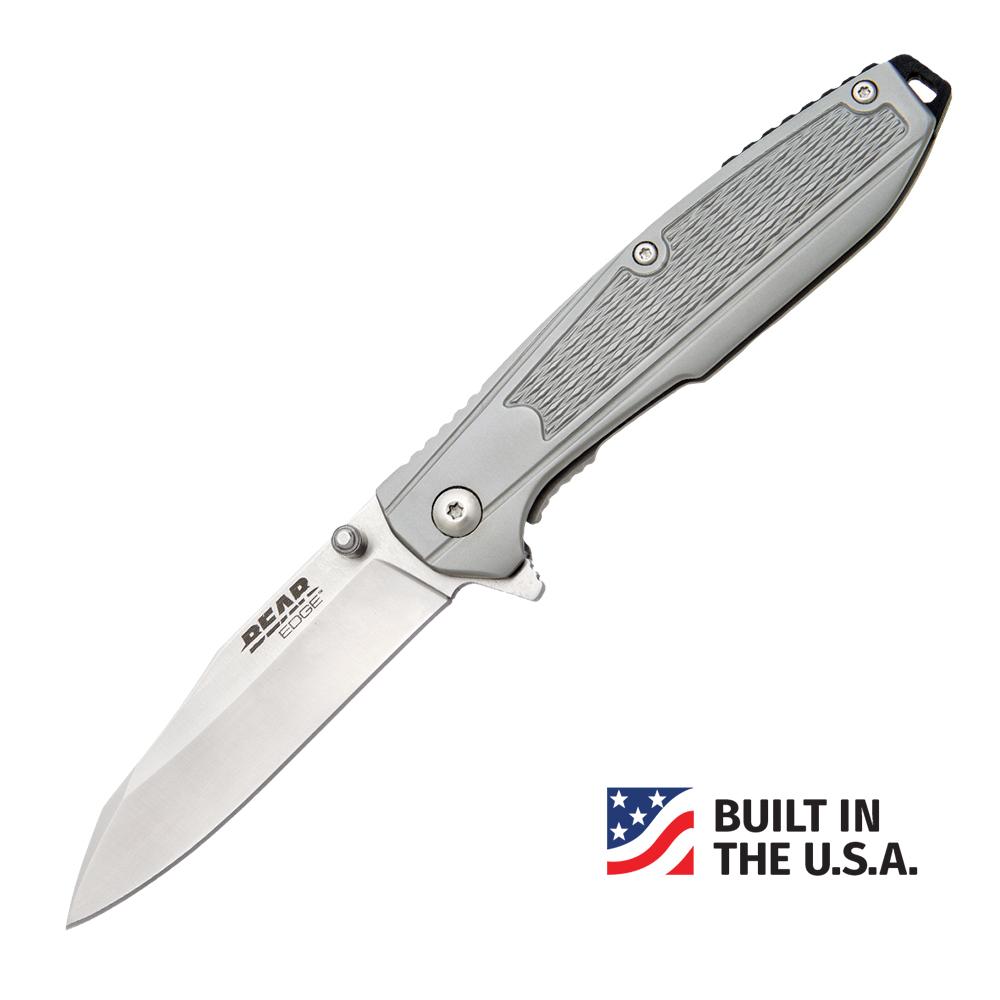 Silver folding knife with USA-built label