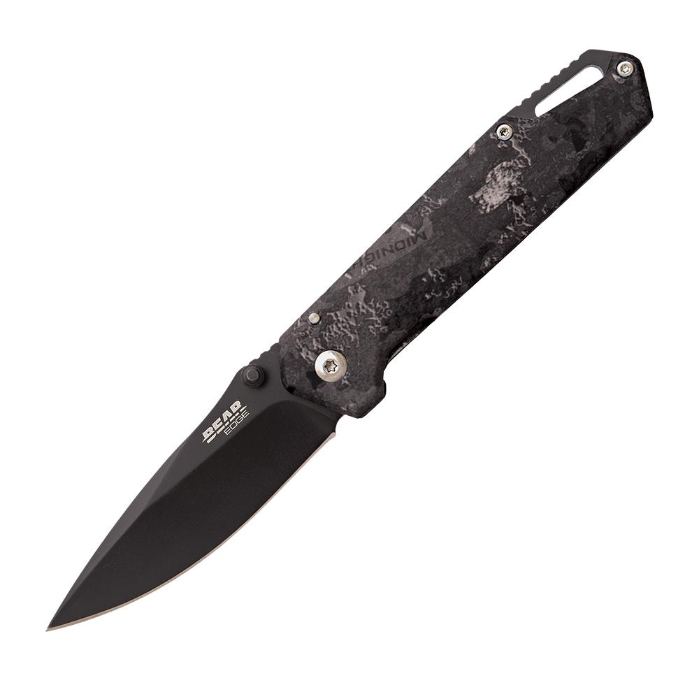 Black folding pocket knife with camo handle
