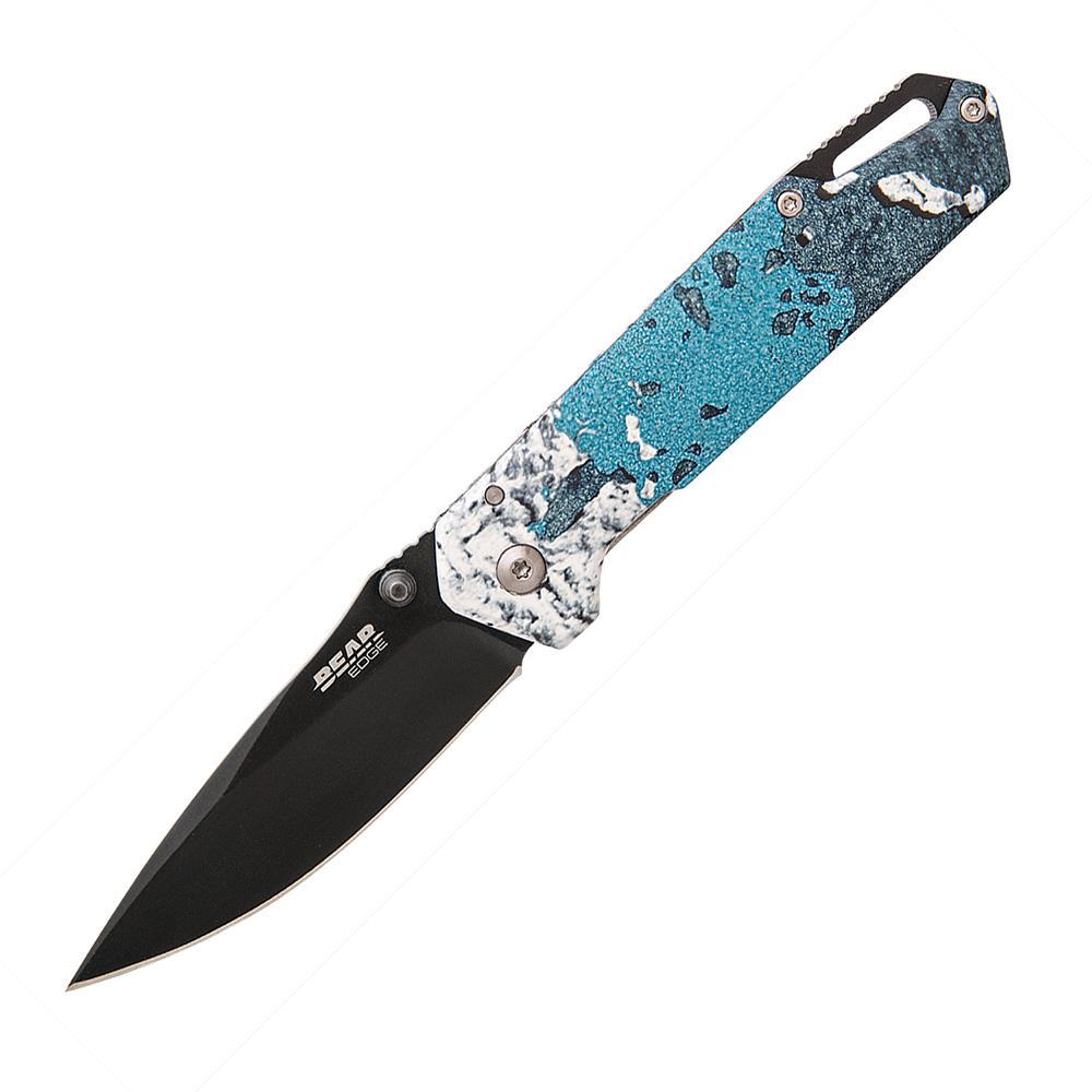 Black folding knife with blue textured handle