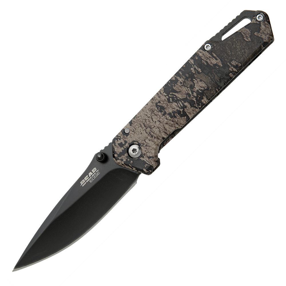Black folding pocket knife with camouflage handle