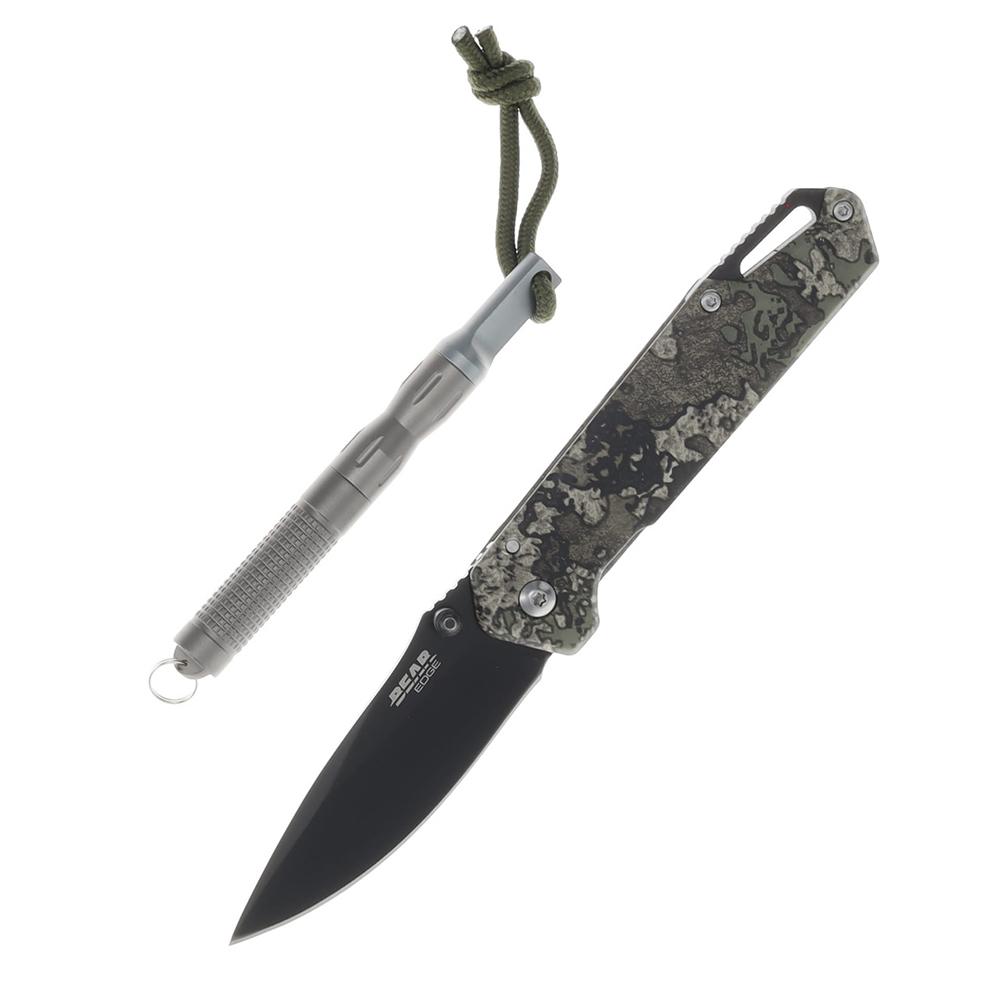 Folding knife with camo handle and fire starter