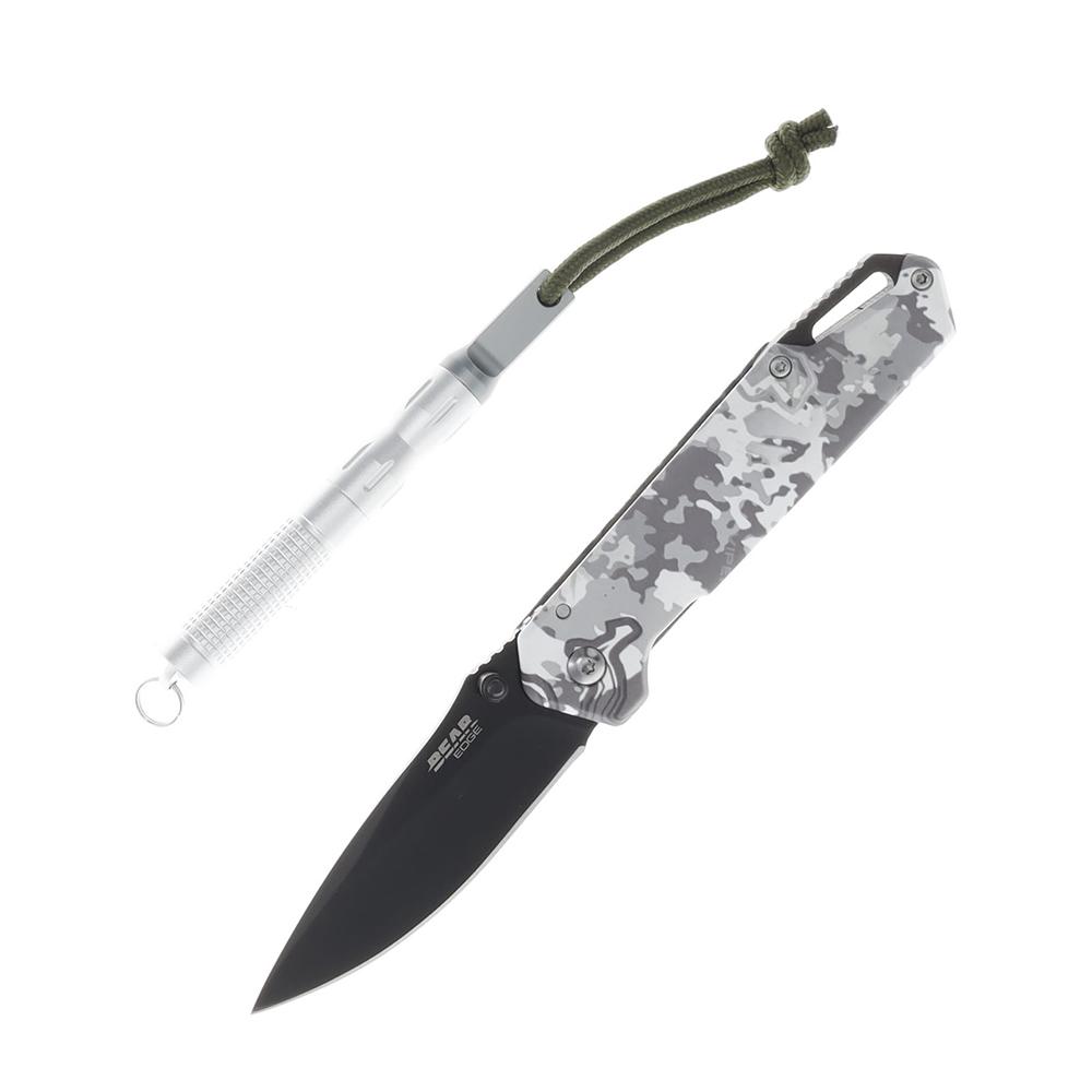 Camouflage folding knife and small metal flashlight