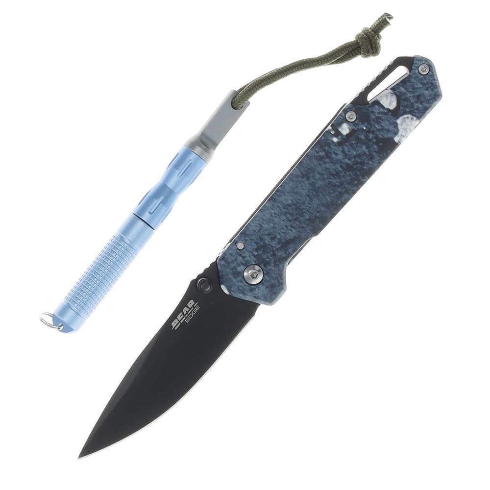 Folding knife with blue handle and black blade