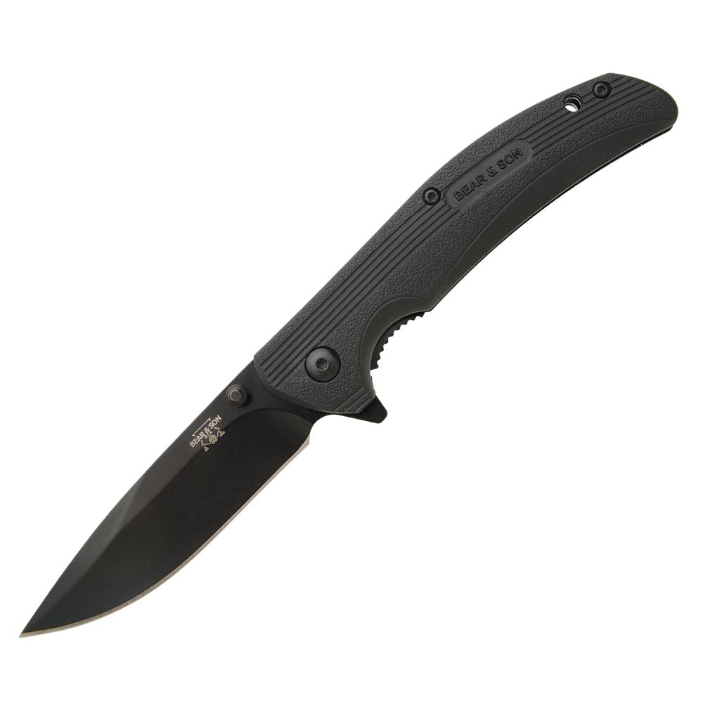 Black folding pocket knife with textured handle