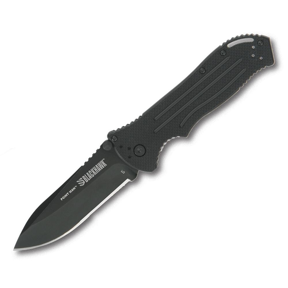 Black folding pocket knife on white background