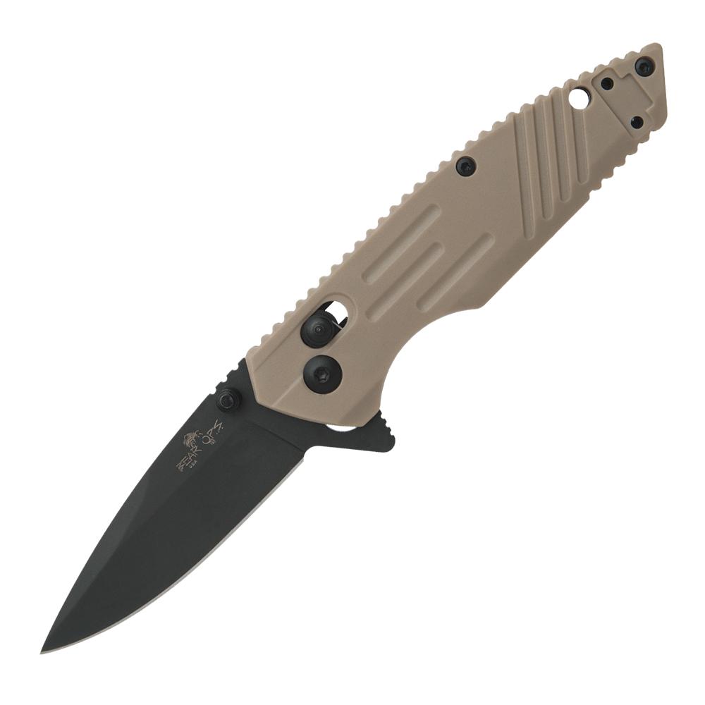 Tan-handled folding knife with black blade