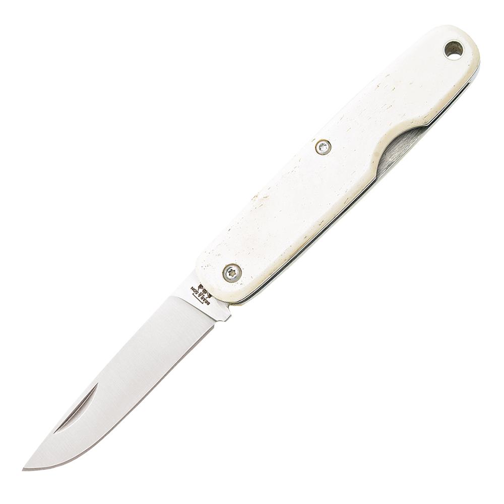 White-handled folding pocket knife with stainless steel blade