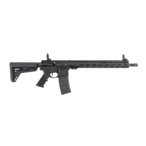 Black AR-15 style rifle on white background