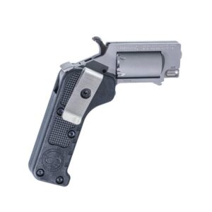 Compact silver and black revolver on white background