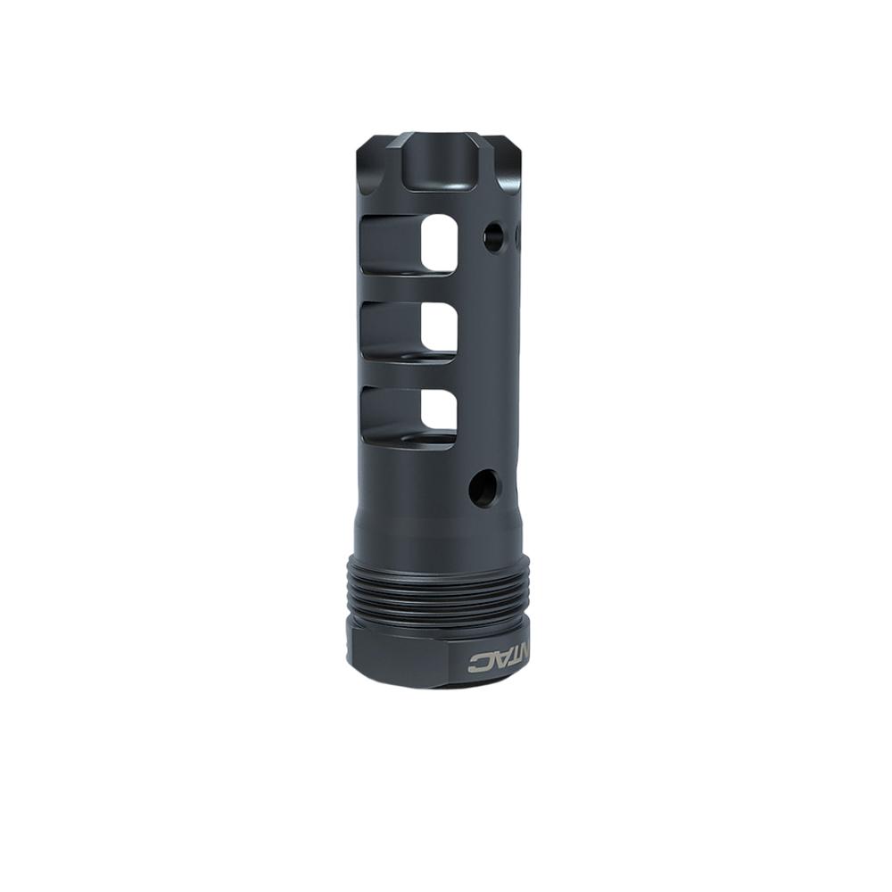 Black metal muzzle brake with side ports