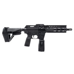 Compact black AR-style pistol with stabilizing brace