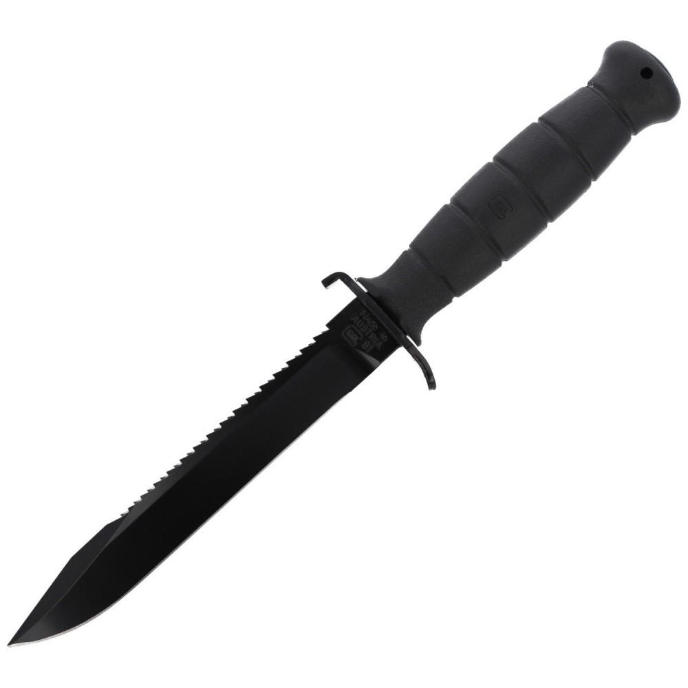Black serrated tactical knife on white background
