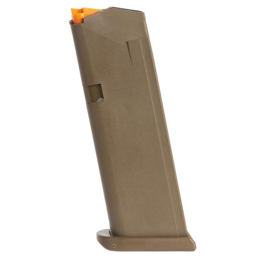 Tan handgun magazine with orange follower