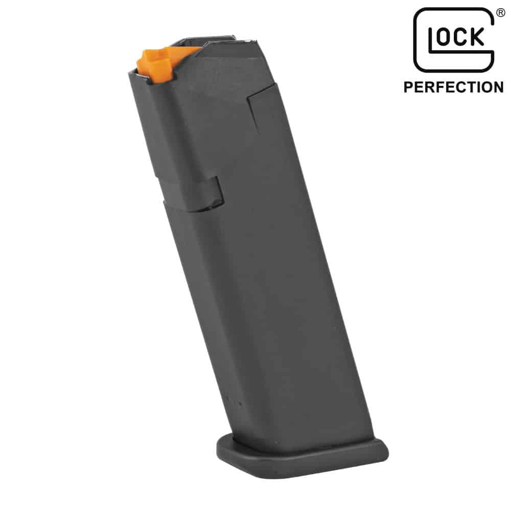 Glock magazine with orange follower for firearm use.
