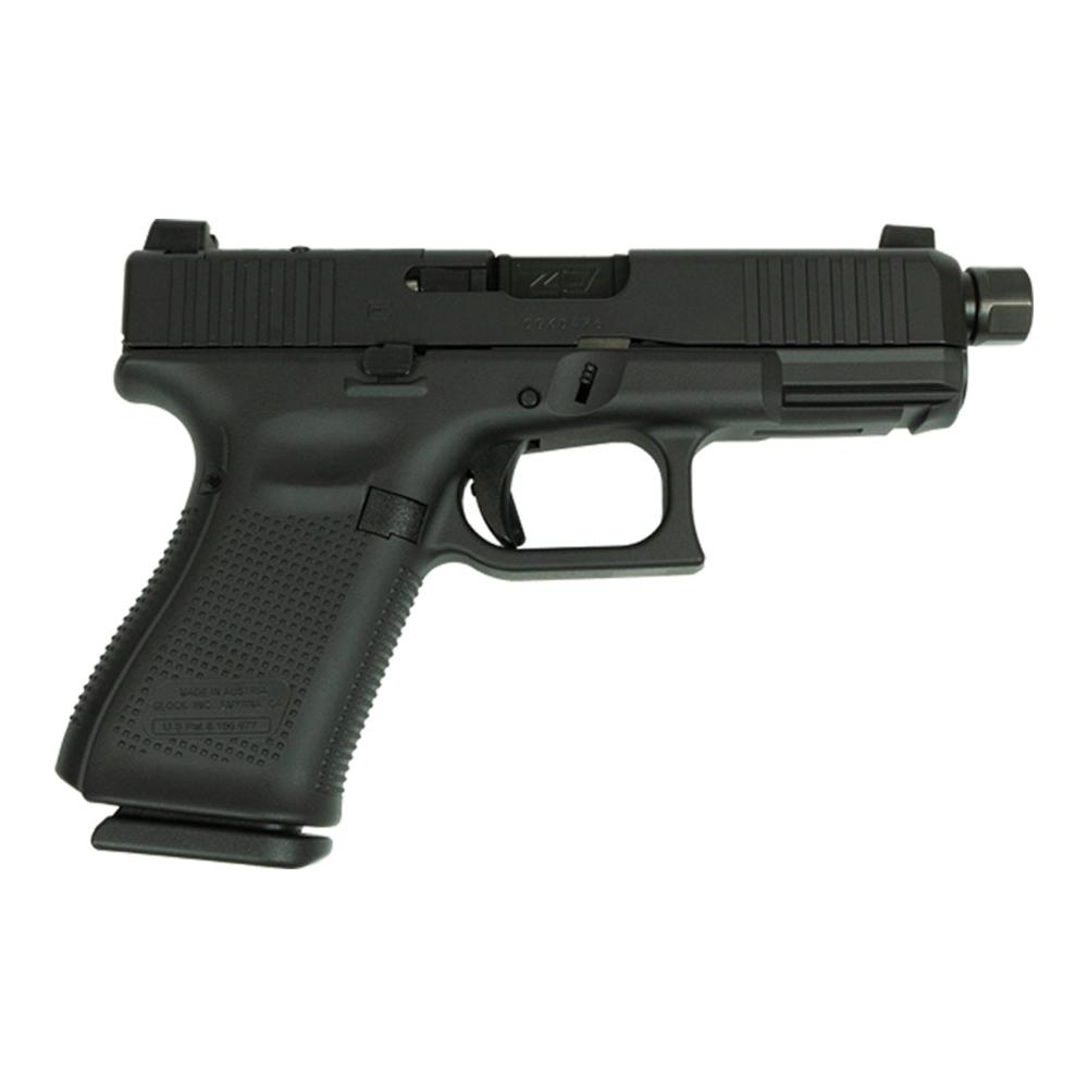 Black semi-automatic handgun on white background