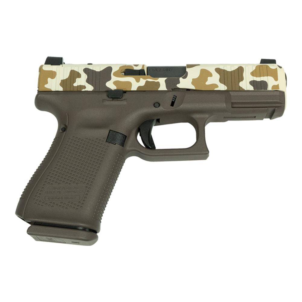 Camouflage slide semi-automatic handgun on white background