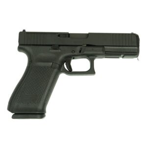 Black semi-automatic handgun on white background