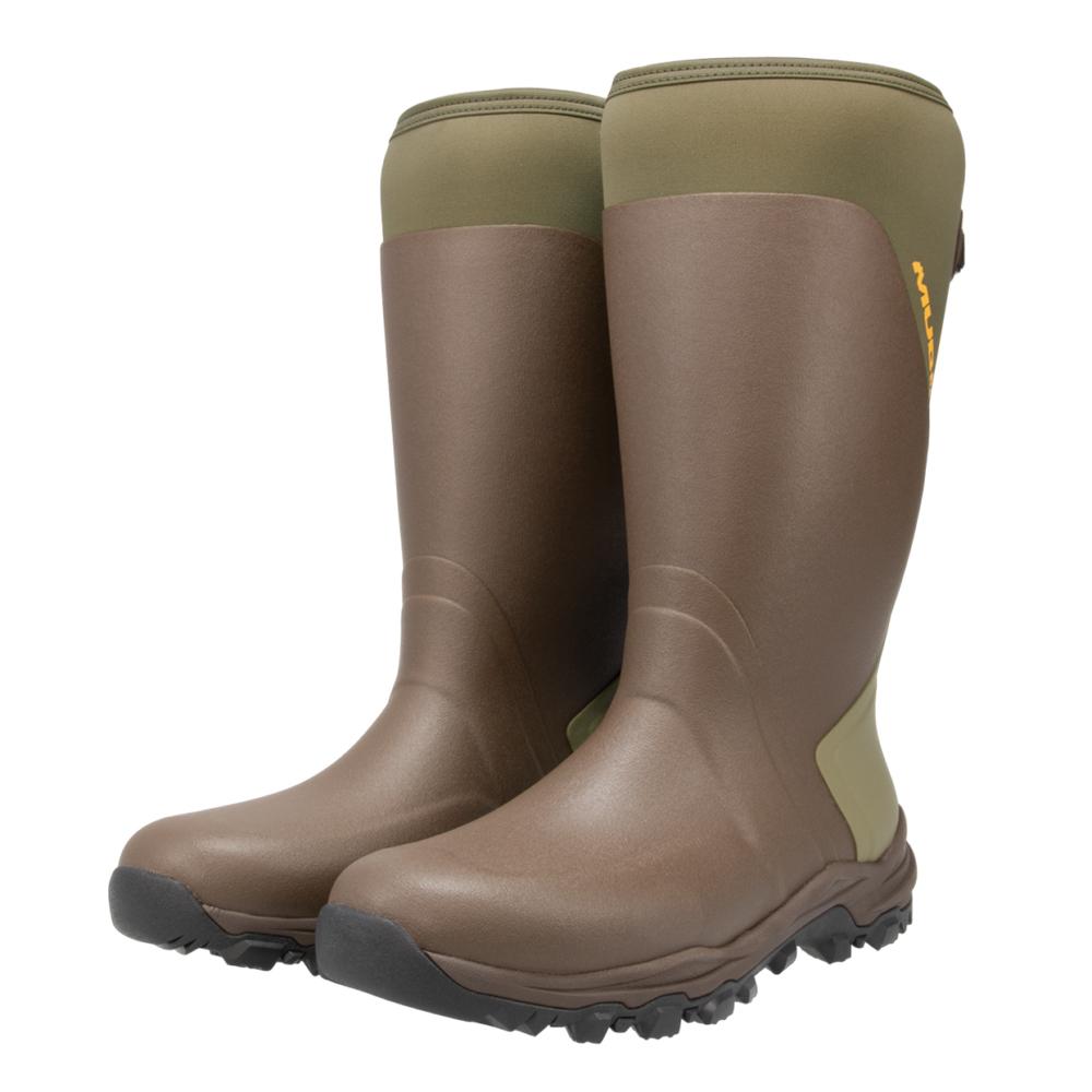 Brown and green waterproof rubber boots