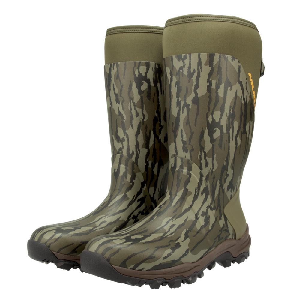 Camouflage rubber hunting boots with rugged soles