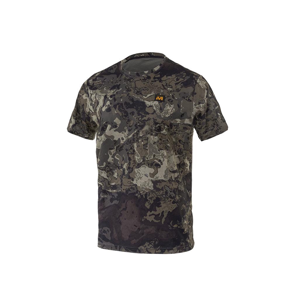 Camouflage short-sleeve t-shirt on white background