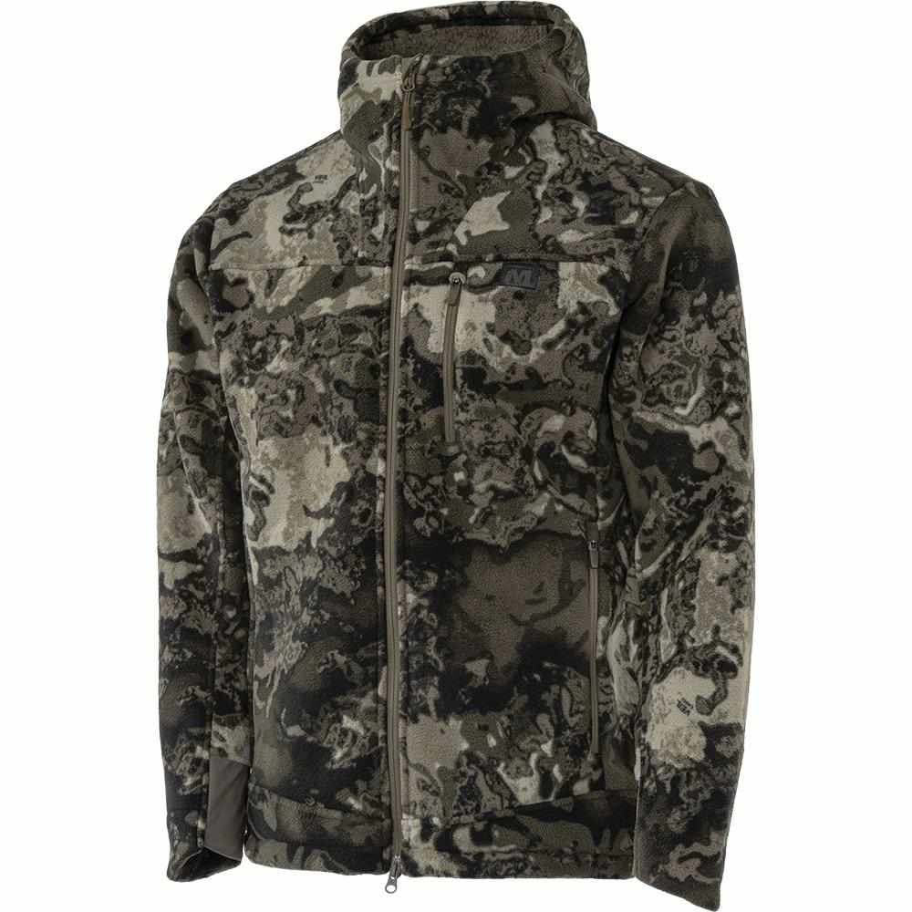 Camouflage zip-up hunting jacket with high collar