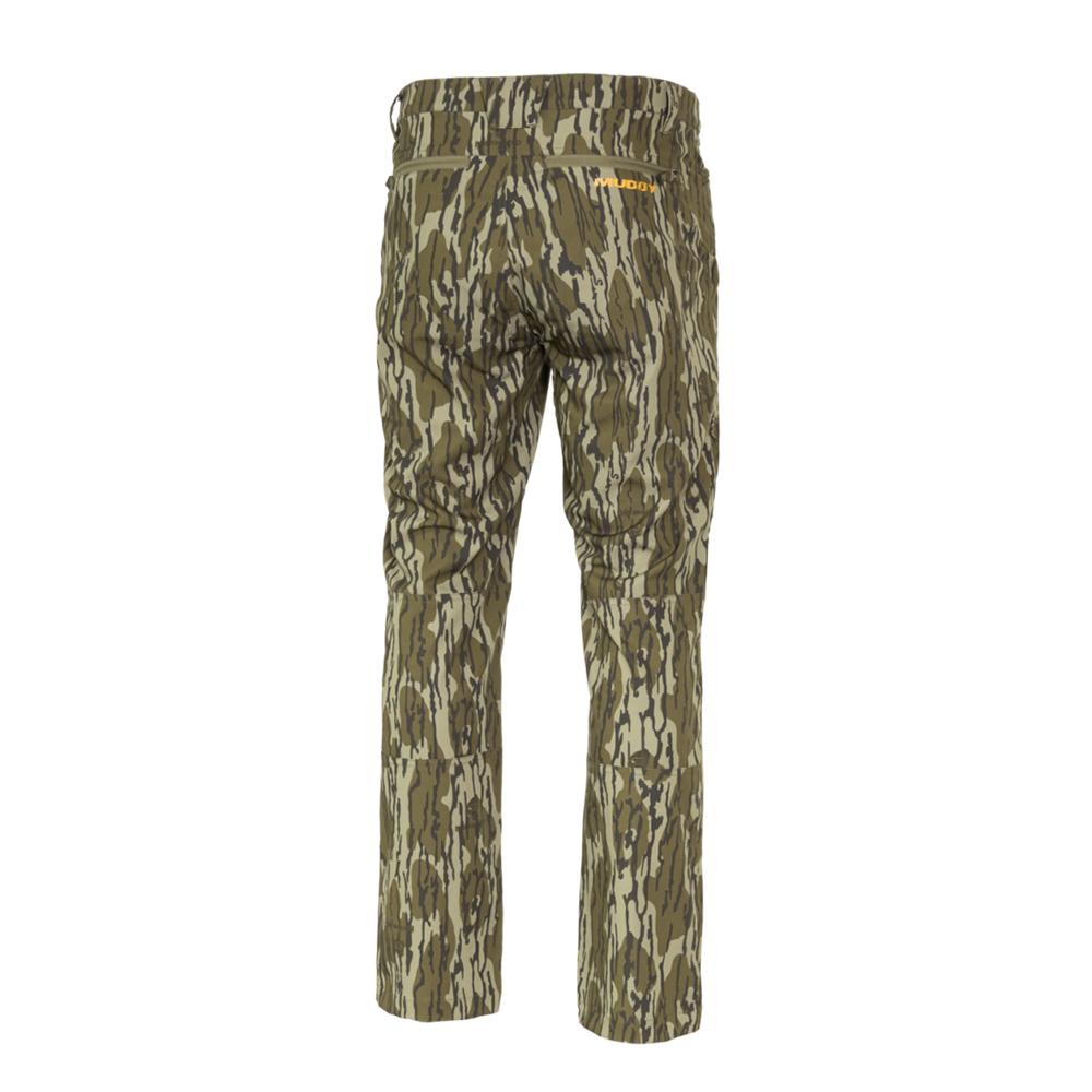 Camouflage hunting pants back view on white background