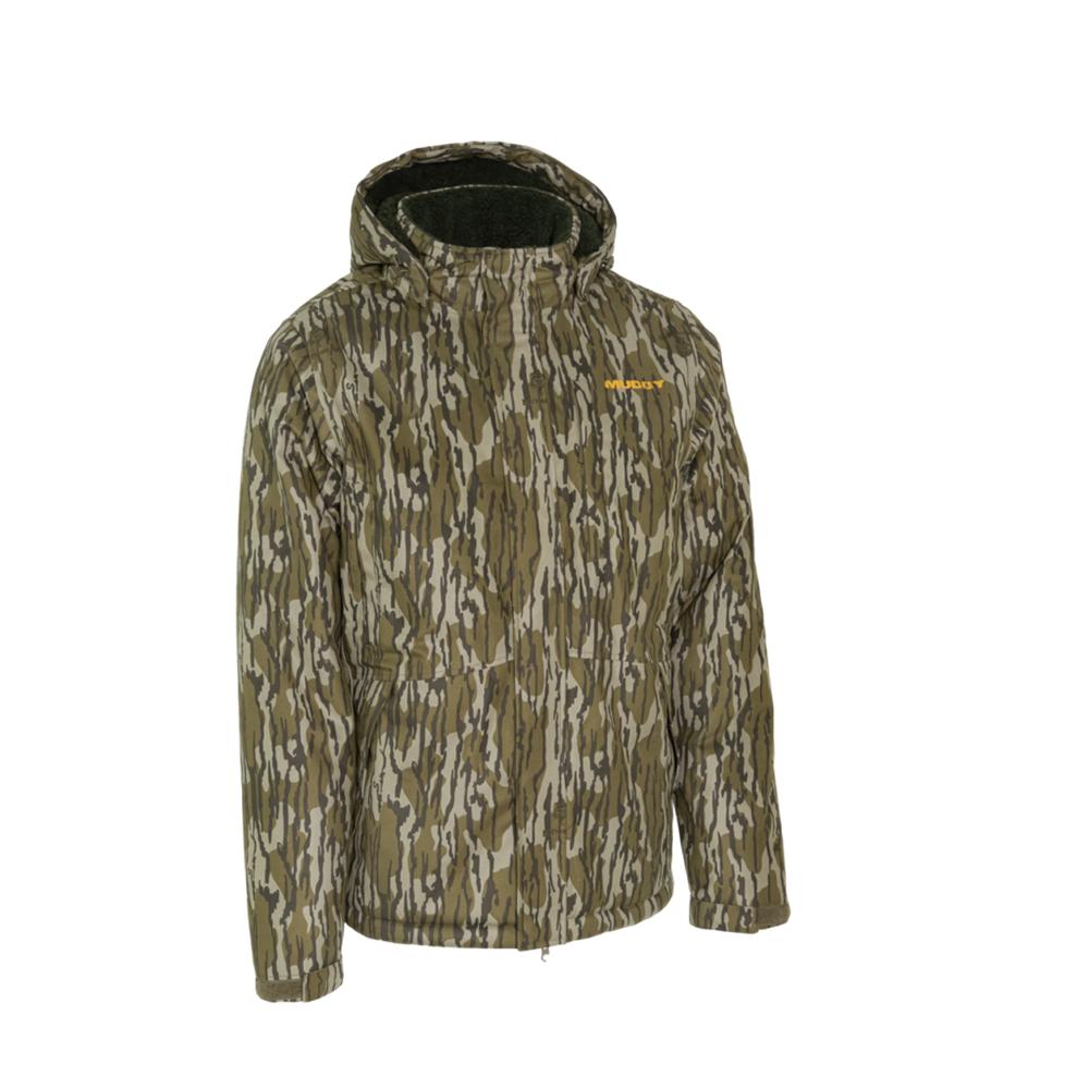 Camouflage hooded hunting jacket with front zipper