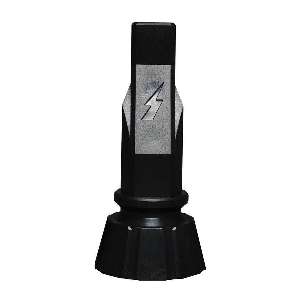 Black cylindrical device with lightning bolt symbol