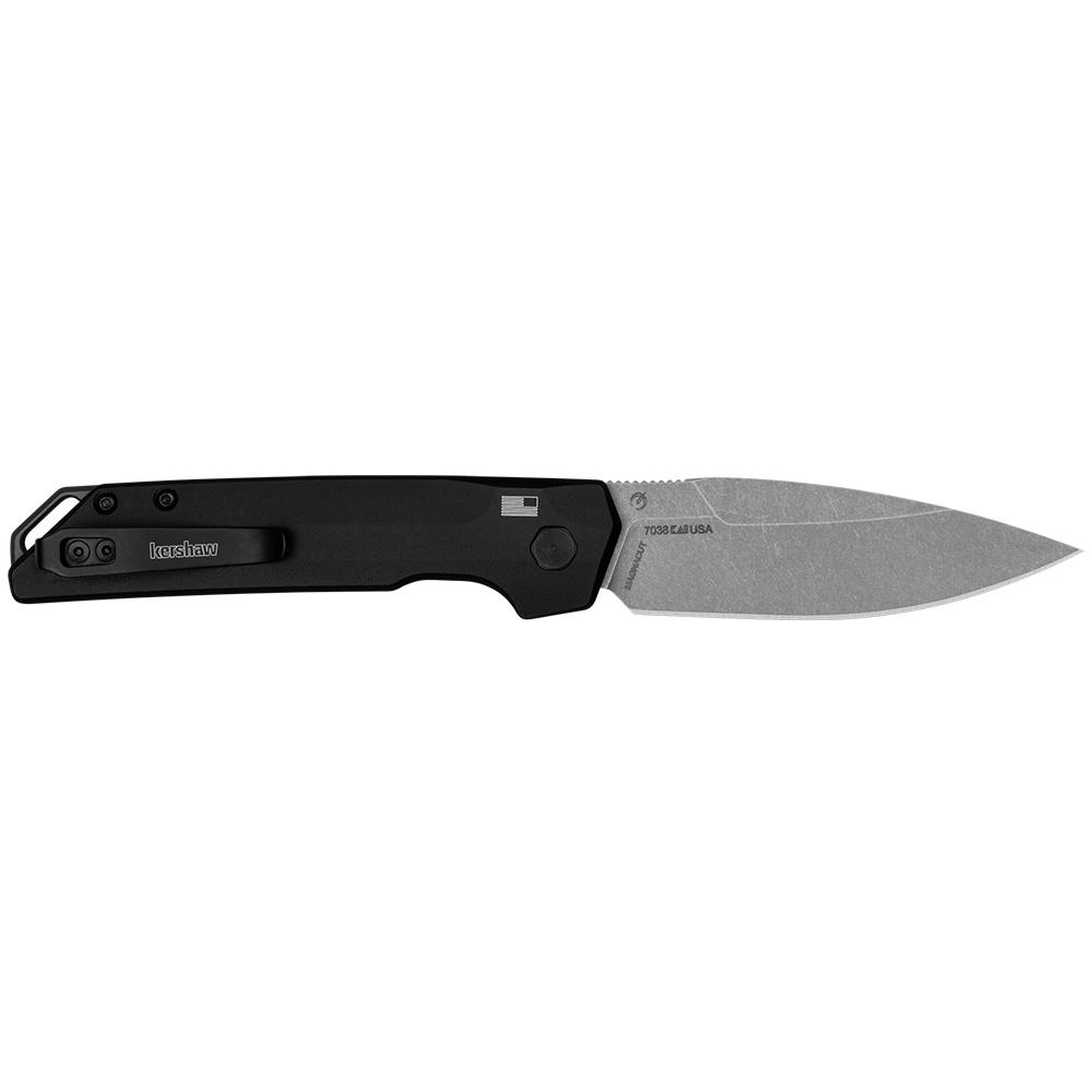 Black Kershaw folding knife with stonewashed blade